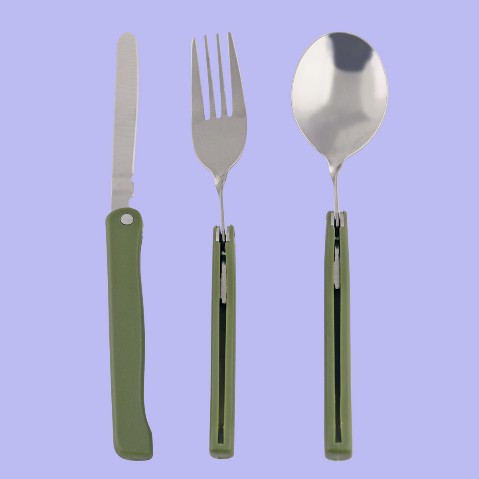 cubiertos plegables de acero y plastico